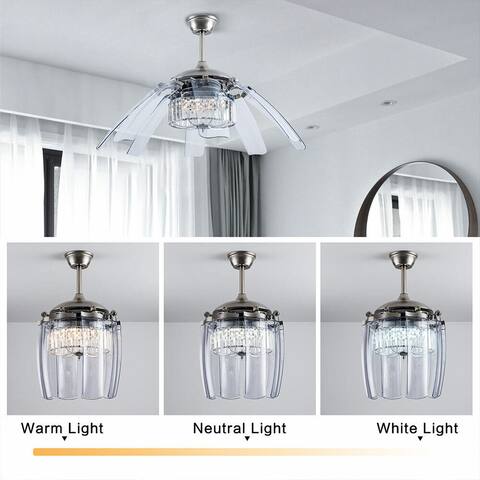 48" 8 Retractable Blades Crystal Ceiling Fan Chrome Silver Chandelier with Remote - 48in