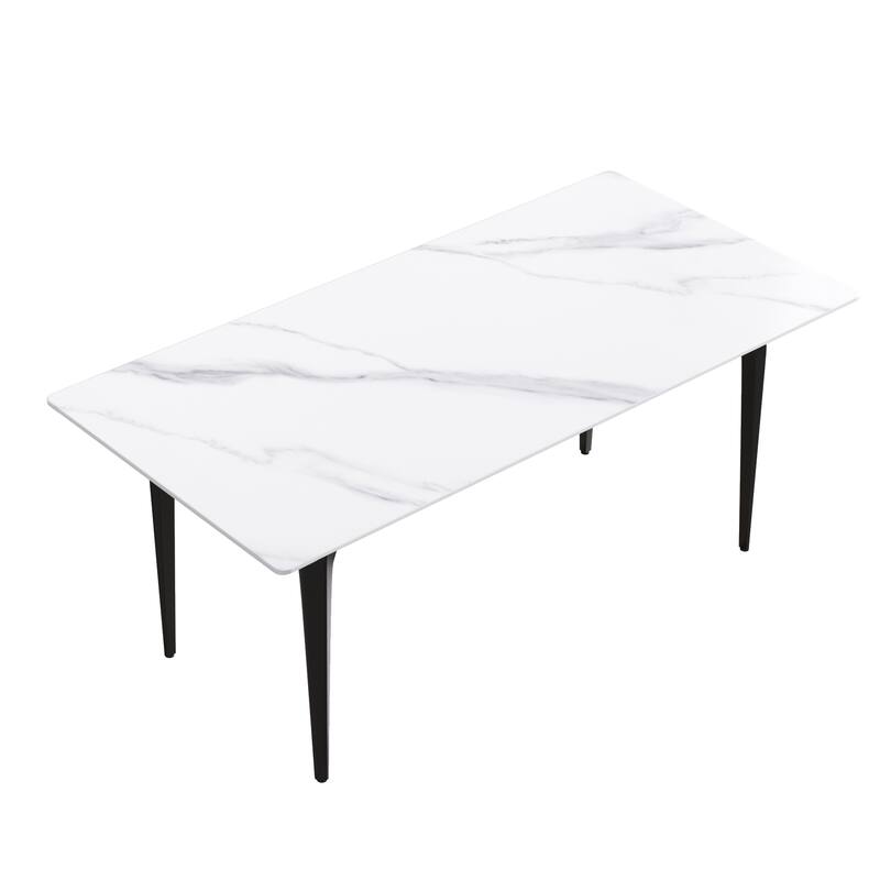 70.87" modern artificial stone white straight edge black metal leg dining table-can accommodate 6-8 people