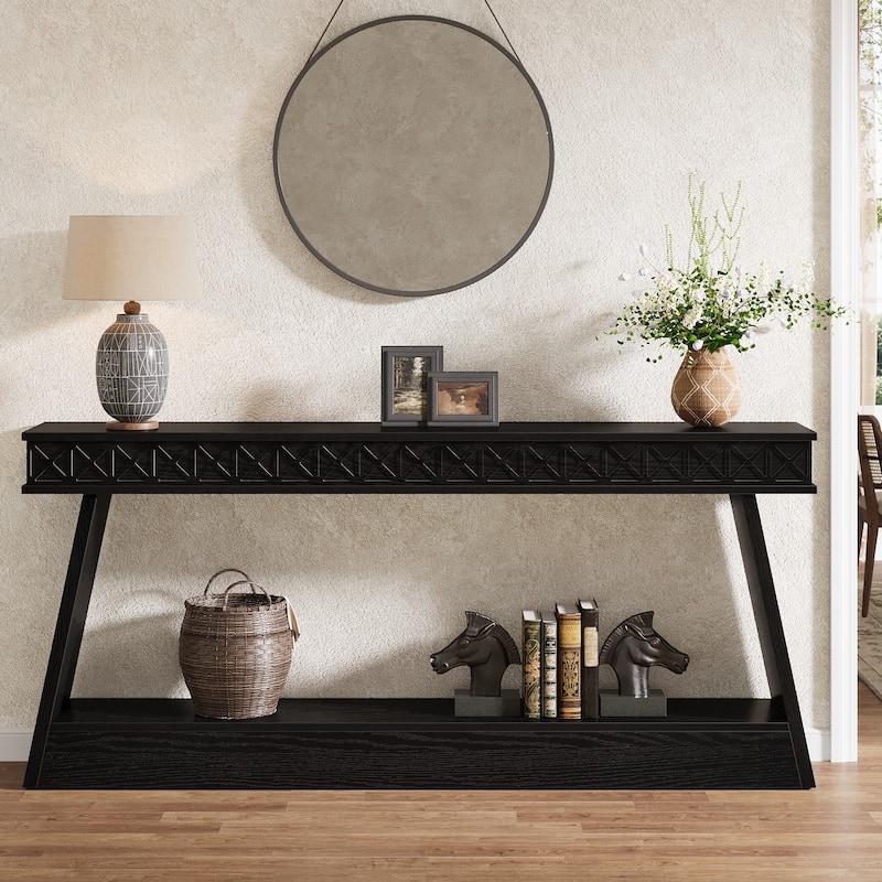 70.8-Inch Extra Long Console Table with Storage Shelf, 2-Tier Farmhouse Entryway Table - 70.87" L x 11.81" W x 31.5" H