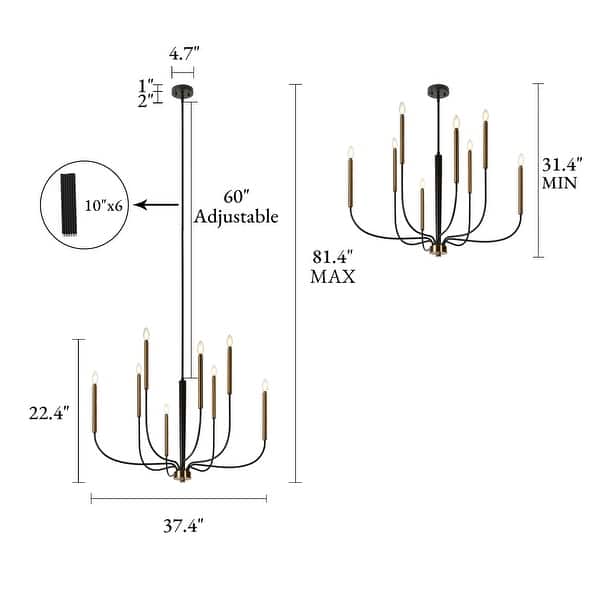 LALUZ Modern 8-Light Chandelier Black Gold Classic Candle Light for Dining Living Room - 37.4" Dia × 22.4" H