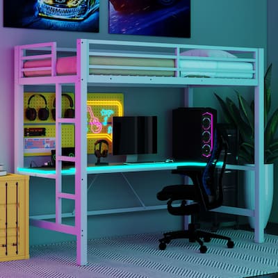 Twin Size Metal Gaming Loft Bed with LED Lights, USB Charging Station and Desk