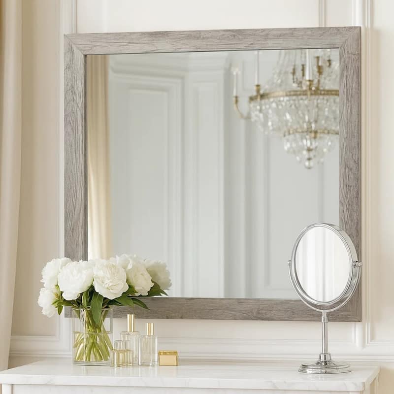Zane 39 Inch Transitional Mirror, Square Wood Frame, Weathered Gray Veneer