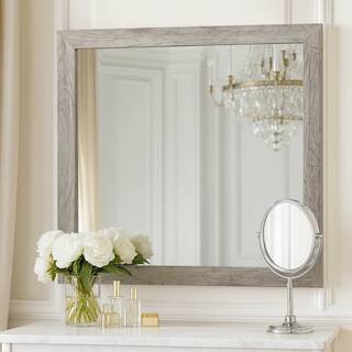 Zane 39 Inch Transitional Mirror, Square Wood Frame, Weathered Gray Veneer