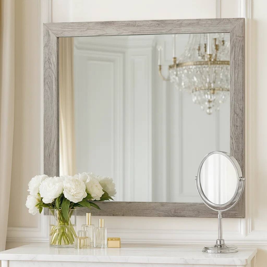 Zane 39 Inch Transitional Mirror, Square Wood Frame, Weathered Gray Veneer