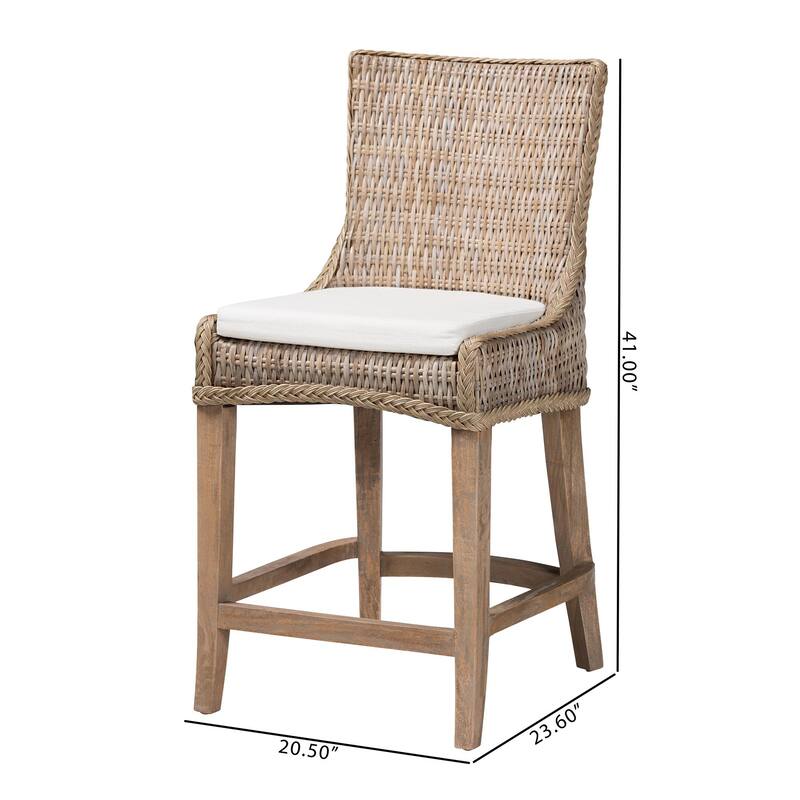 Derris Natural Rattan Counter Stool with Cushion - Tall Wingback Stool with Mango Wood Frame, Boho Coastal Style Seating