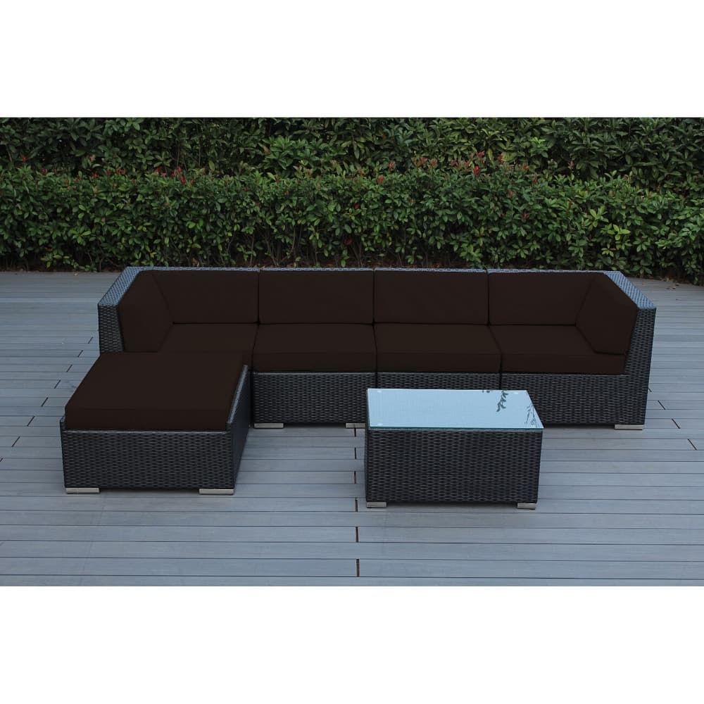 Ohana Outdoor Patio 6 Piece Black Wicker Sofa Sectional with Cushions - No Assembly