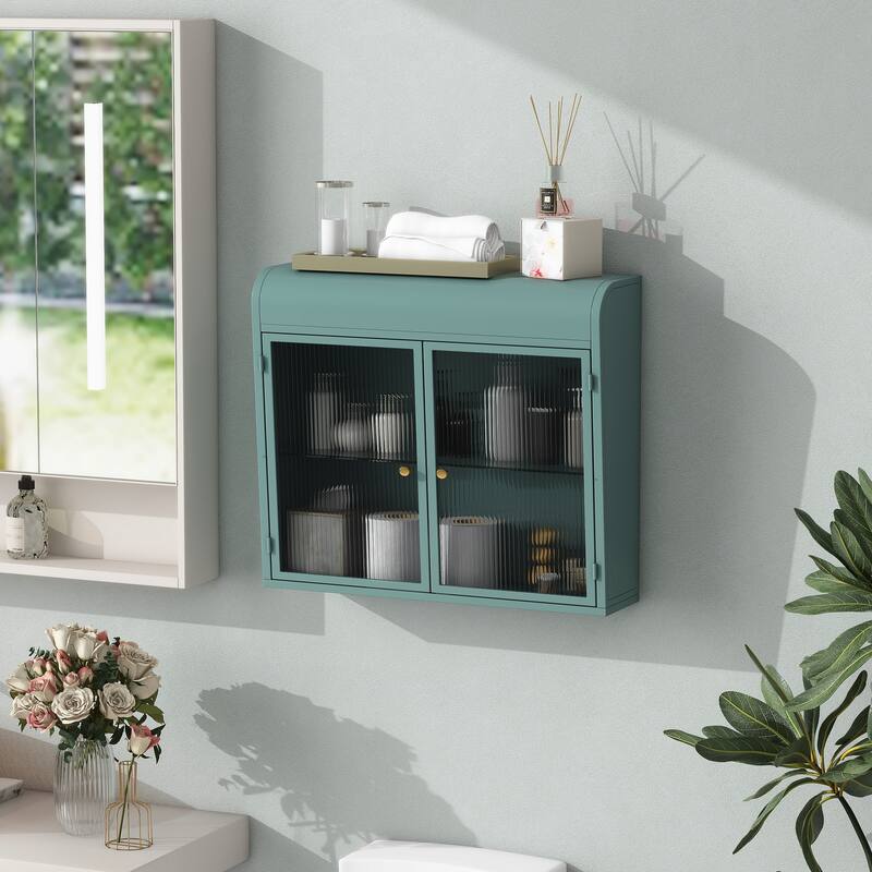 Bathroom Wall Cabinet with Fluted Glass Doors, Kitchen Storage Cabinet with Adjustable Glass Shelves