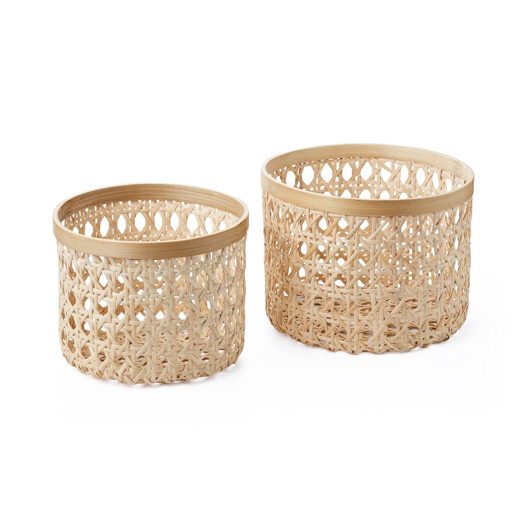 Set Of Two Round Natural Cane Storage Bins With Bamboo Rim - Natural