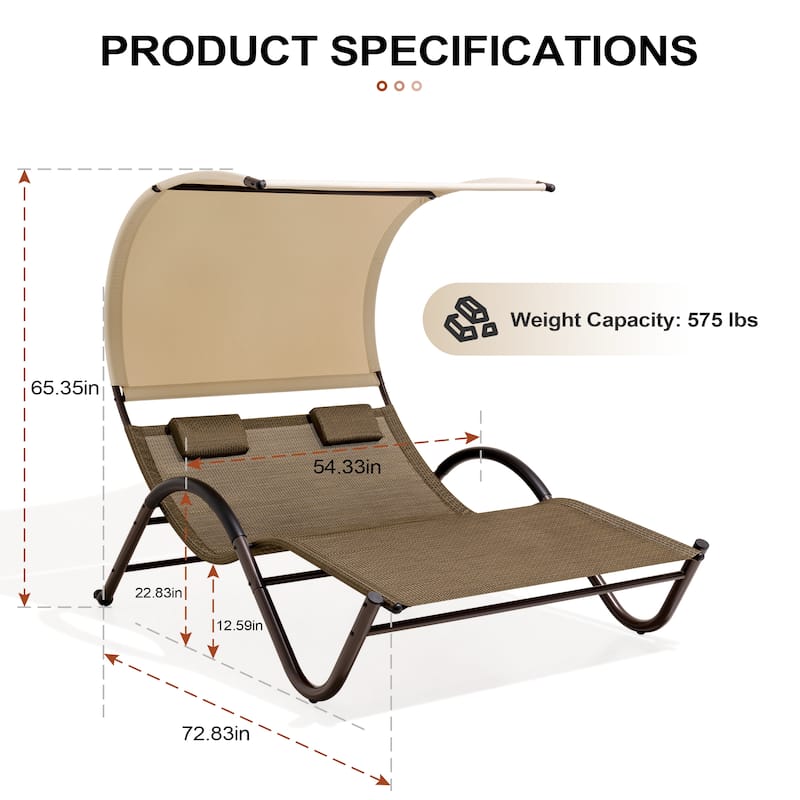 Outdoor Double Chaise Lounge Chair Double Sun Bed Lounger with Canopy Shade & Wheels - 72.83" D × 54.33" W ×65.35" H
