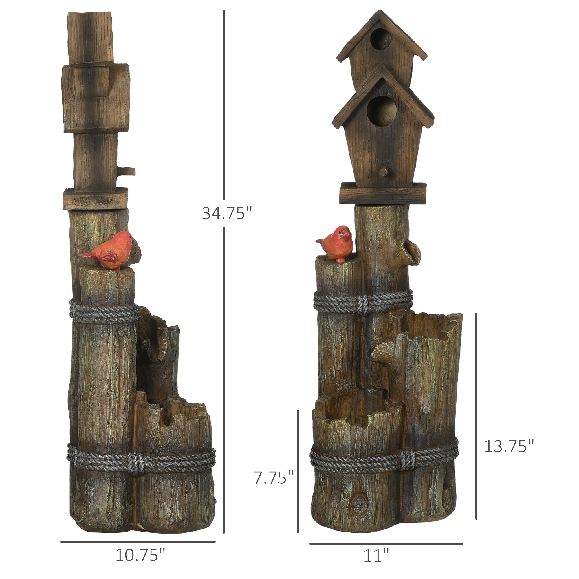 Outsunny Outdoor Fountain with Birdhouse Cascading Garden Waterfall Bird Bath with 3 Tier Rustic Tree Trunk Log Design Lighted Brown Resin