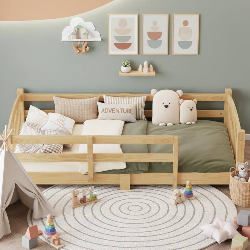 Montessori Solid Pine Floor Bed with Full-Length Safety Fence & Slatted Base by Harper&Bright Designs - Natural - Twin