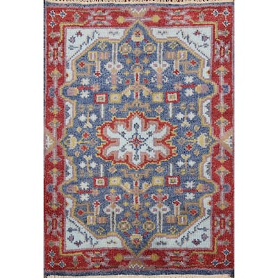 Blue Geometric Kazak Indian Accent Rug Hand-Knotted Wool Carpet - 2'0"x 3'0"