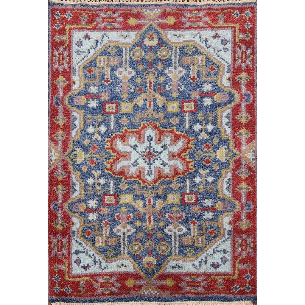 Blue Geometric Kazak Indian Accent Rug Hand-Knotted Wool Carpet - 2'0"x 3'0"