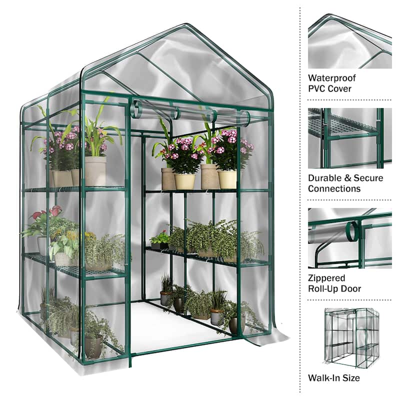 Walk-In Greenhouse with 8 Shelves and PVC Cover for Indoor or Outdoor Use by Home-Complete - 56.3 x 56.3 x 76.7
