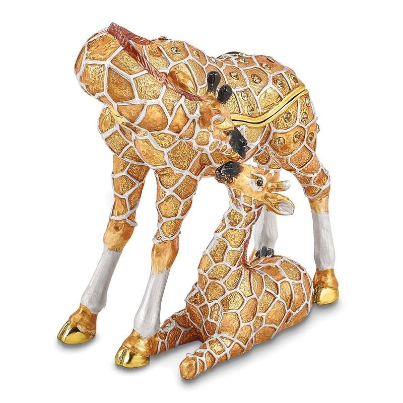 Curata Pewter Crystals Gold-Tone Enameled Jasmin & Jasper Mother & Baby Giraffes Trinket Box on 18 Inch Necklace