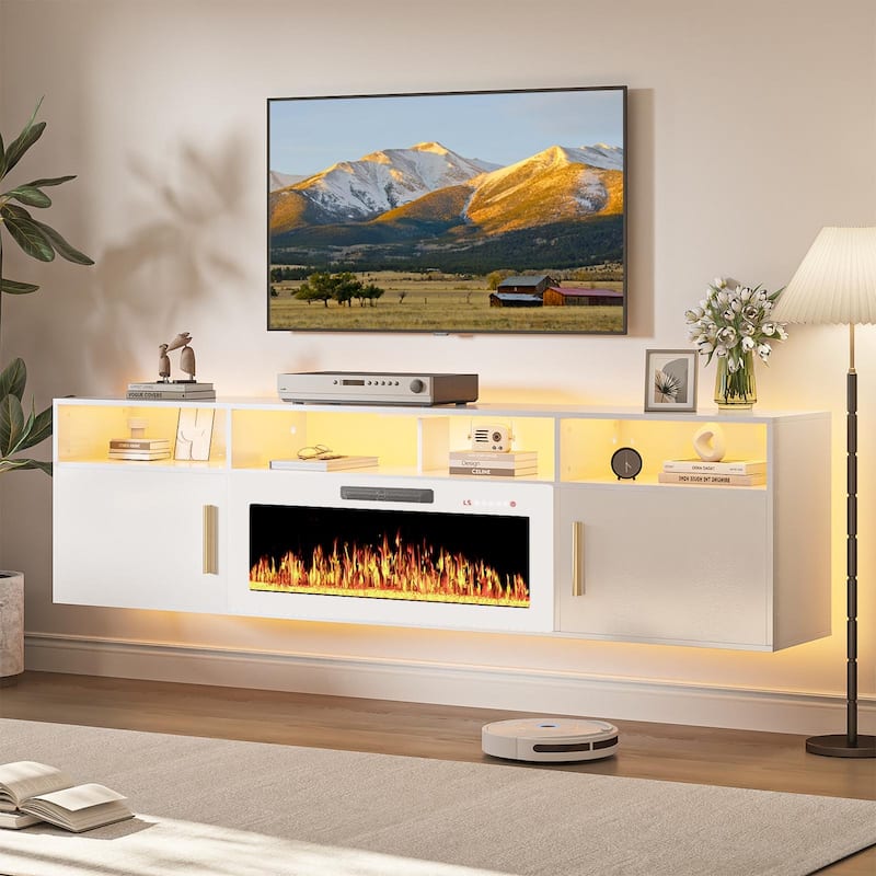 BOSSIN 80" Floating TV Stand with 36" Electric Fireplace, High Gloss Finish Wall Mounted Fireplace TV Stand with Storage - New white