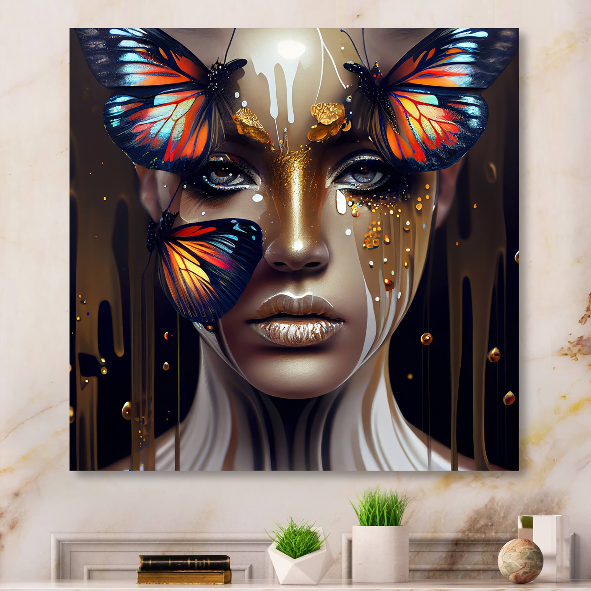 Designart 'Sensual Woman With Colorful Butterfly VII' Contemporary Glam