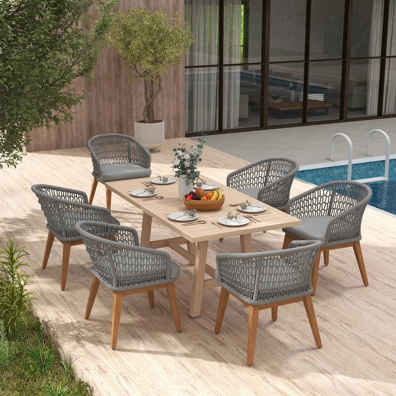 Outdoor 7-Piece Woven Rope Dining Chair and Wood Table Set