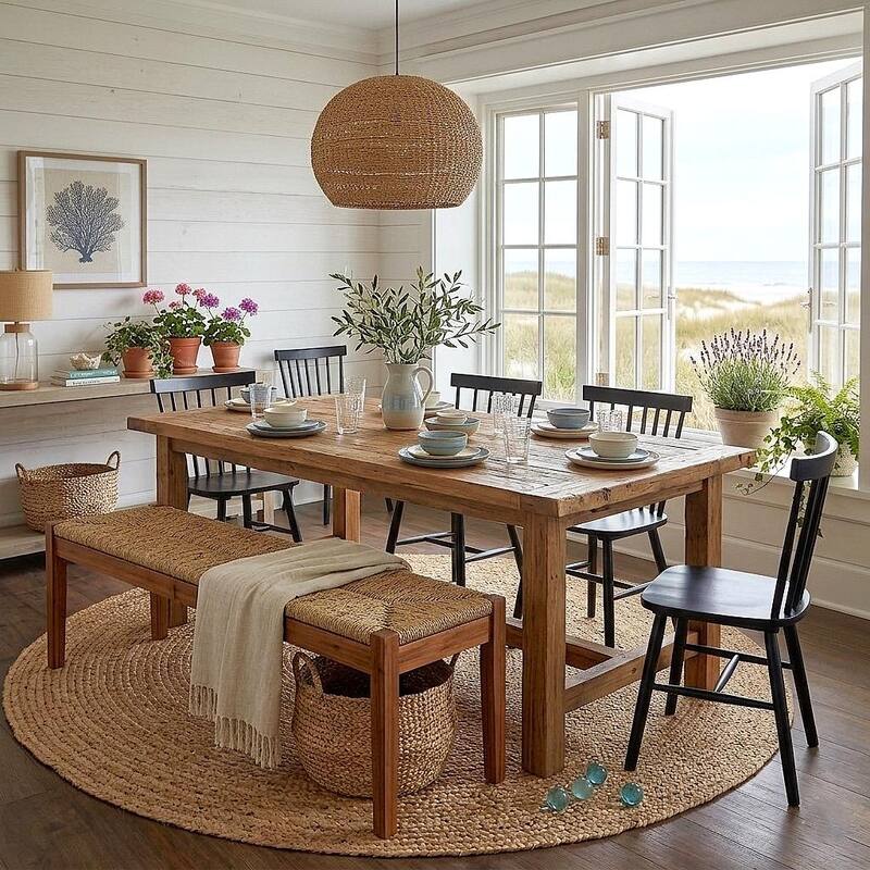 M4H 46" Mid-Century Solid Acacia Wood Bench with Hand-Woven Rush Seat