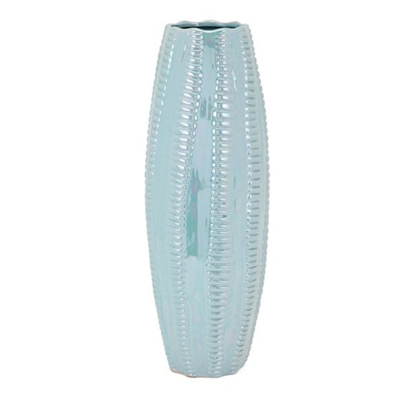 15.75" Sea Blue Texture Pattern Cylindrical Decorative Small Size Vessel with Glossy Finish - N/A