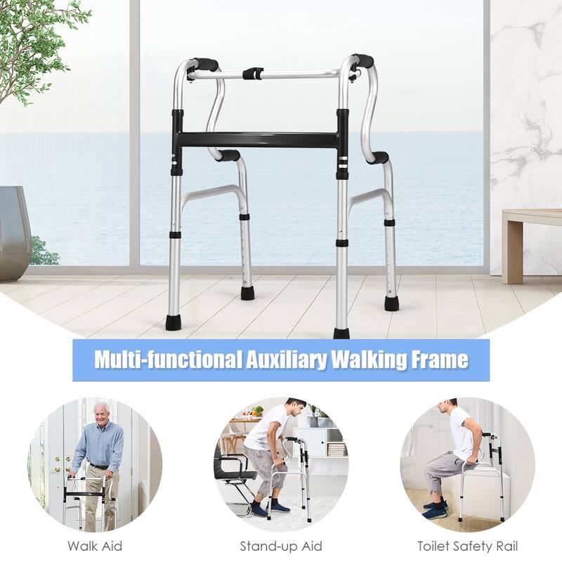 Costway One-button Folding Walker Aluminum Walking Frame w/ Adjustable - See Details