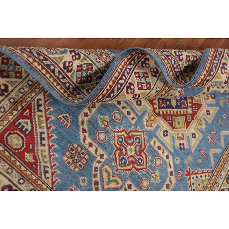 Blue Geometric Kazak Oriental Rug Bedroom Hand-Knotted Wool Carpet - 4'0"x 5'10"