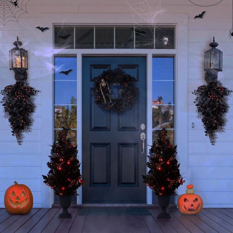 Glitzhome 36"H Halloween Lighted Black Rose Urn Porch Tree with Timer - 5PK Wreath & Swags & Trees