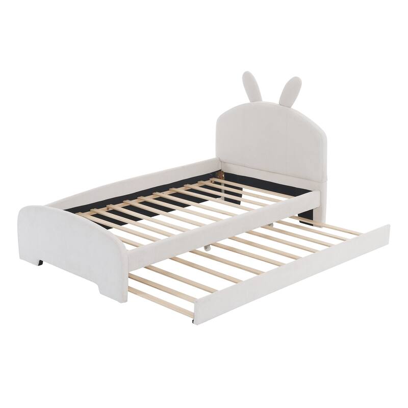 Playful Twin Daybed with Guardrail, Chenille Upholstery, Cartoon Ears