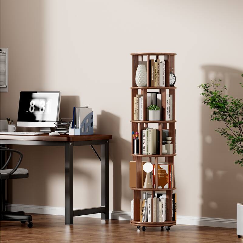 100%Solid Wood Rotating Bookshelf on Wheels,5 Tier, Round Revolving Bookcase, 360°Spinning Book Shelf Tower, Narrow Bookshelves