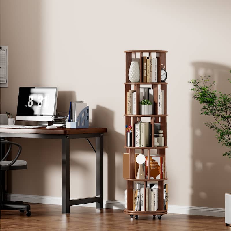GDFStudio - Marcellin Rubberwood 360°Spinning Bookcase Tower on Wheels - 5 Tier - Walnut Color