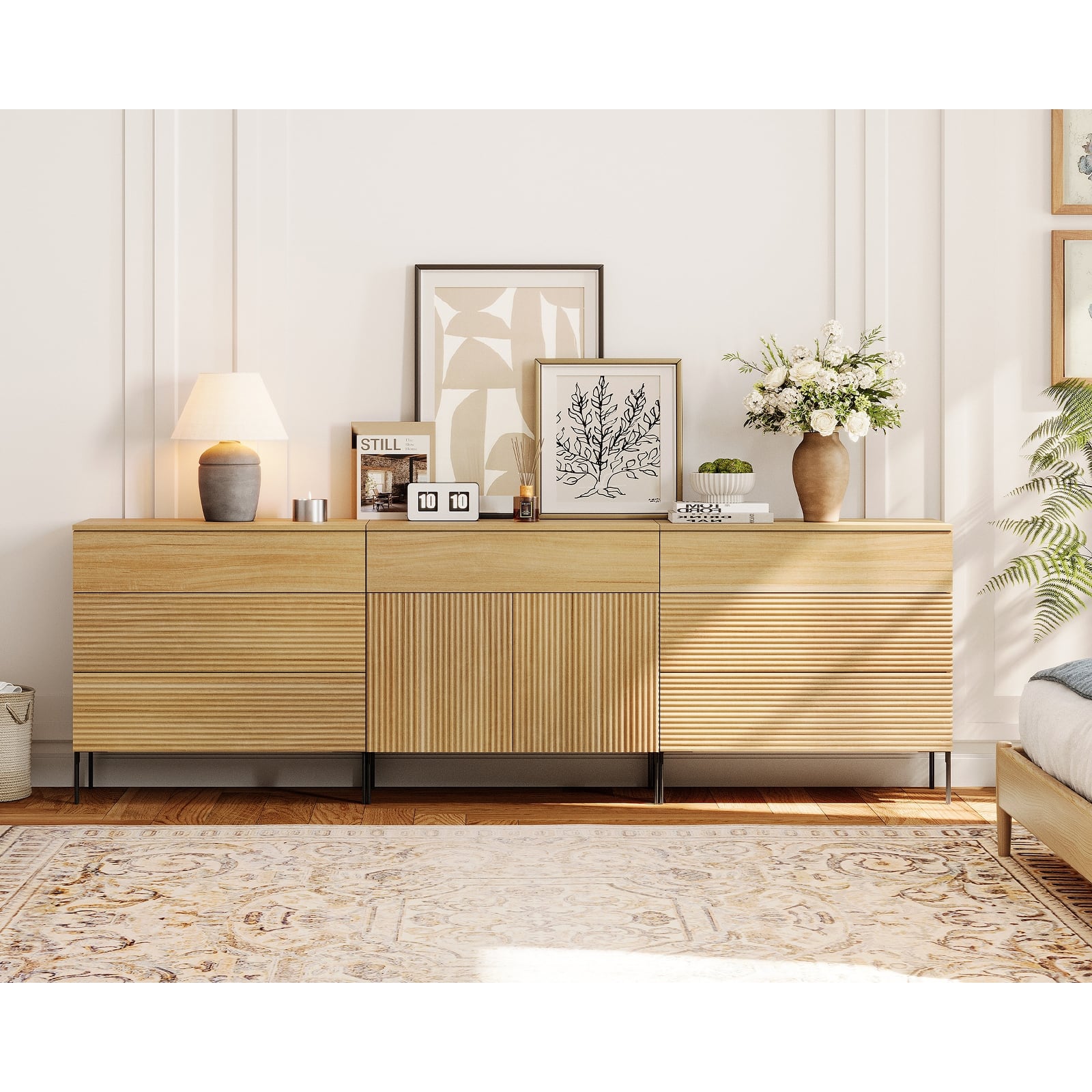 dresser set Linon Home Decor Pheba Walnut 6-Drawer and 2 (2-drawer) Nightstand ( of 2) THD04930 and gold Stria White Fluted 6-Drawer Dresser
