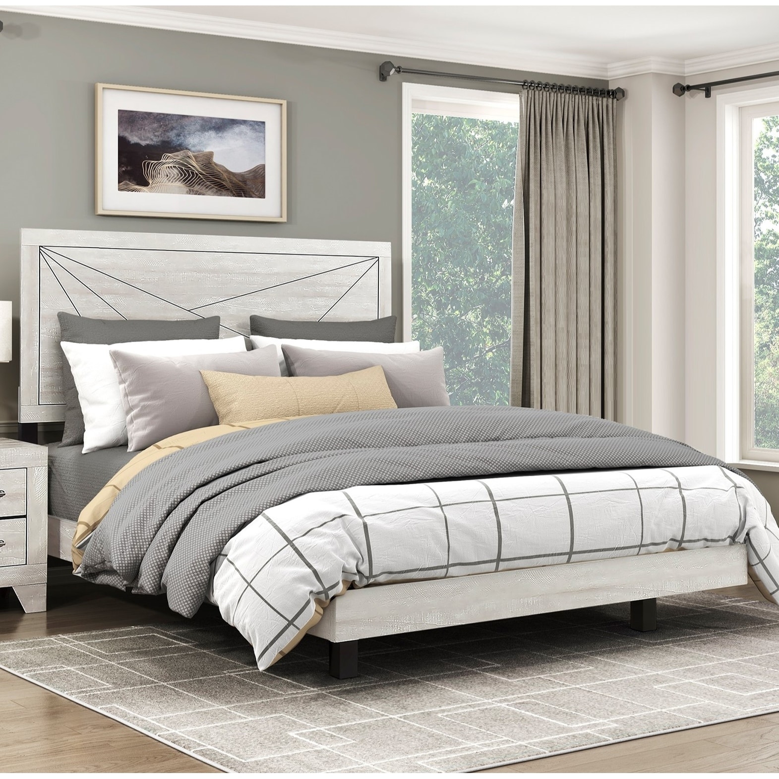 Queen Oak Wood Contemporary Panel Bed, Line Pattern Headboard