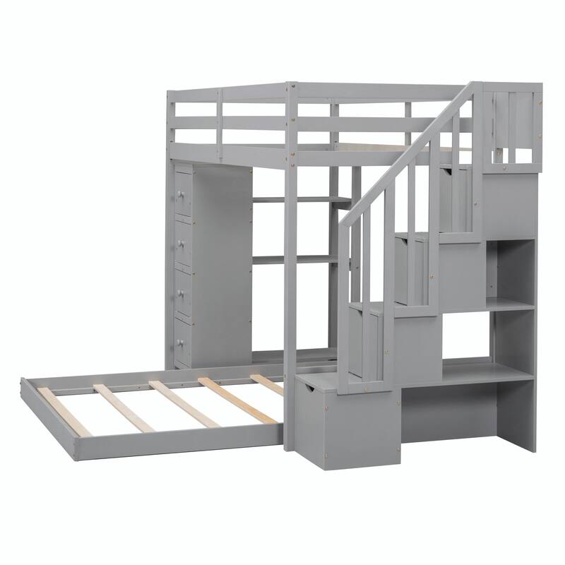 Twin Over Full Bunk Bed with 3-layer Shelves, Drawers, and Storage Stairs