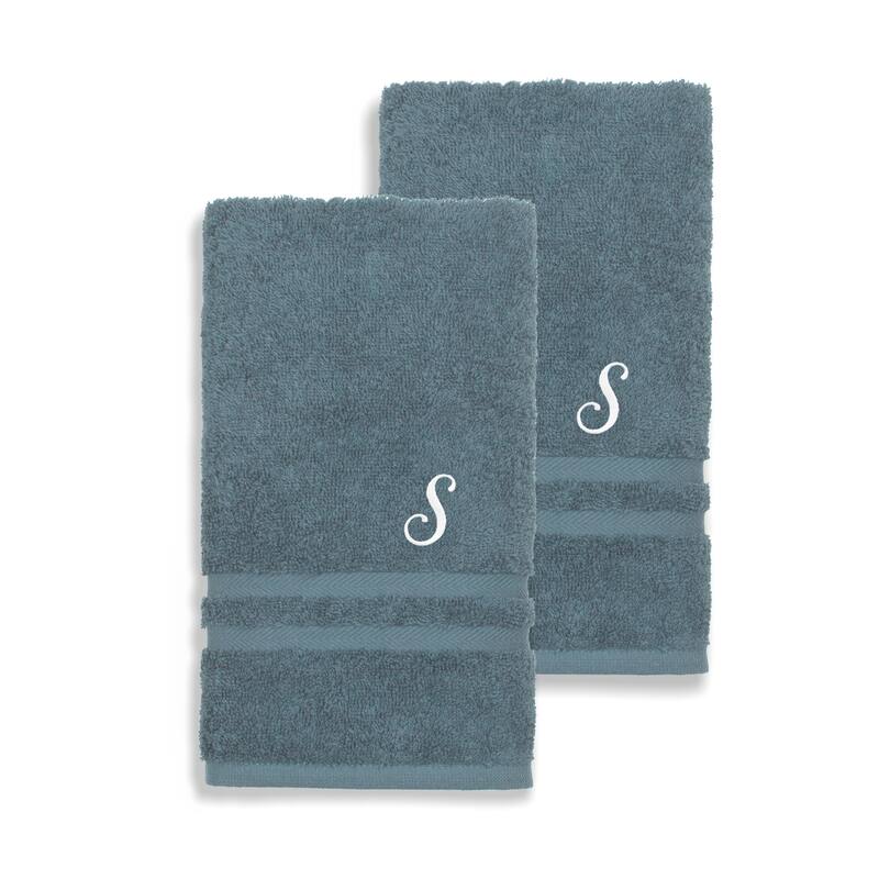 Authentic Hotel and Spa Omni Turkish Cotton Terry Set of 2 Medium Blue Hand Towels with White Script Monogrammed Initial - S