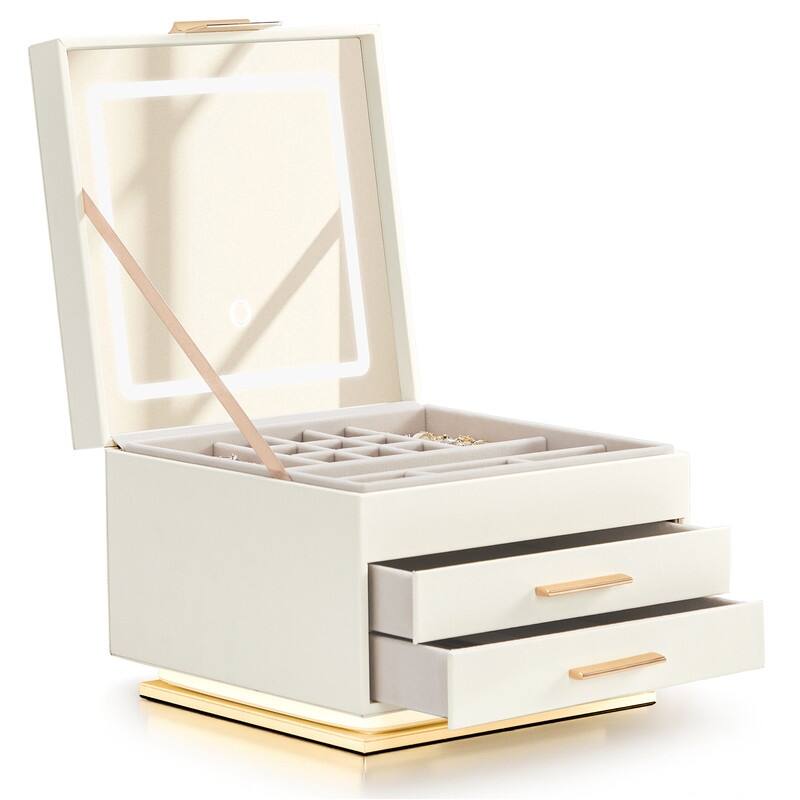 FCH with Tri-color Mirror Light 2 Drawers Bottom with Ambient Monochrome Strip White Cabinet Pink Velvet Jewelry Box