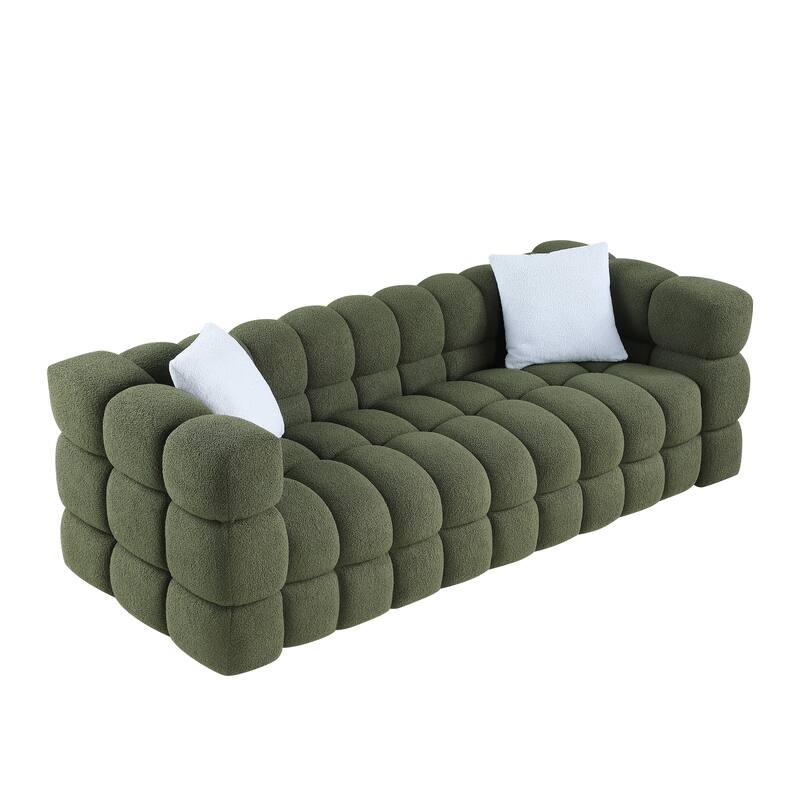 Boucle Fabric 3 Seater Sofa with 2 Pillows, Comfy Upholstered Deep Seat Sofa, Lounge Sofa with Square Armrests