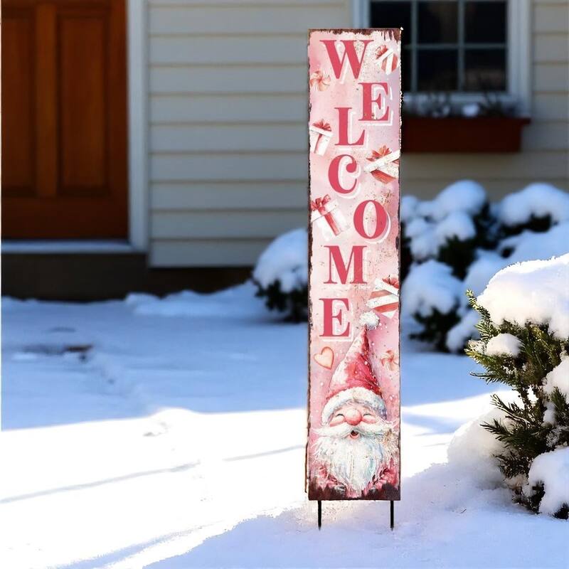 HomeRoots 42" Pink And White Solid Wood Welcome Christmas Santa Garden Stake - White/Pink - Wood