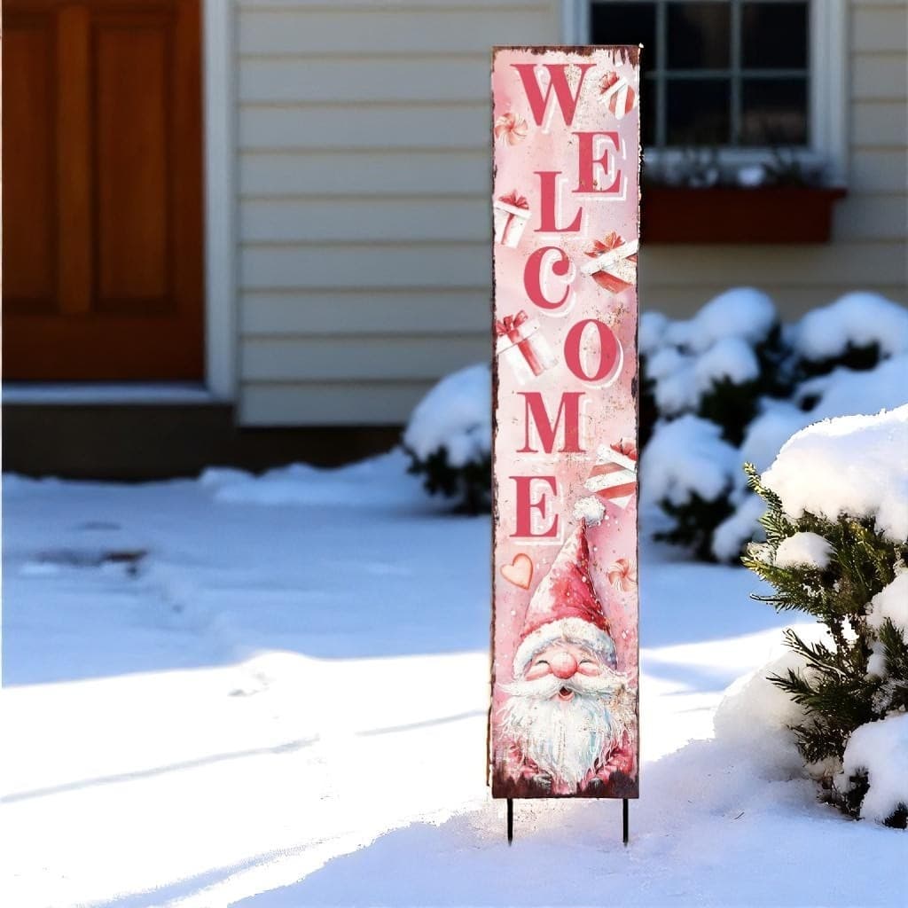 HomeRoots 42" Pink And White Solid Wood Welcome Christmas Santa Garden Stake