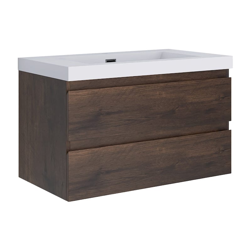 MDF Wall-Mounted Bathroom Vanity Set in Rose Wood with Integrated Culture Marble Sink