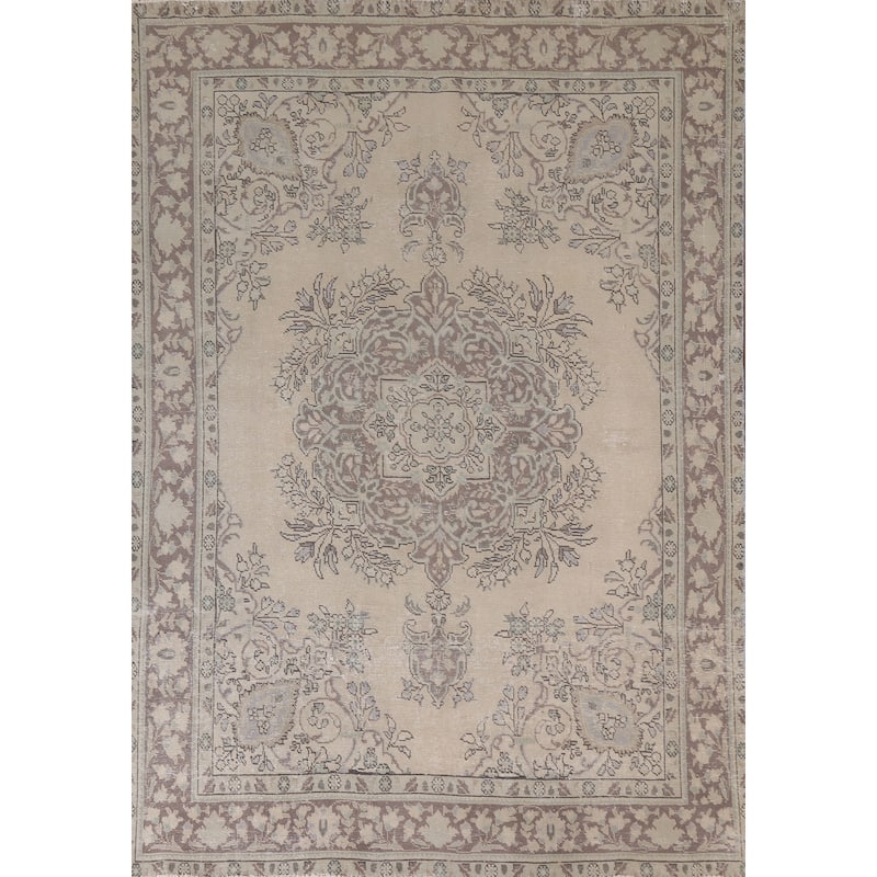 Hand Knotted Oriental 100% Wool Carpet Traditional Floral Beige & Ivories Tabriz Area Rug - 9' 2'' X 6' 9''