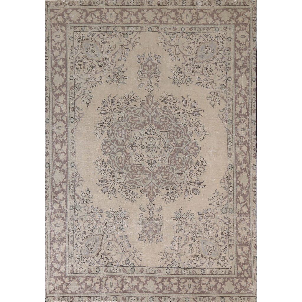 Hand Knotted Oriental 100% Wool Carpet Traditional Floral Beige & Ivories Tabriz Area Rug - 9' 2'' X 6' 9''