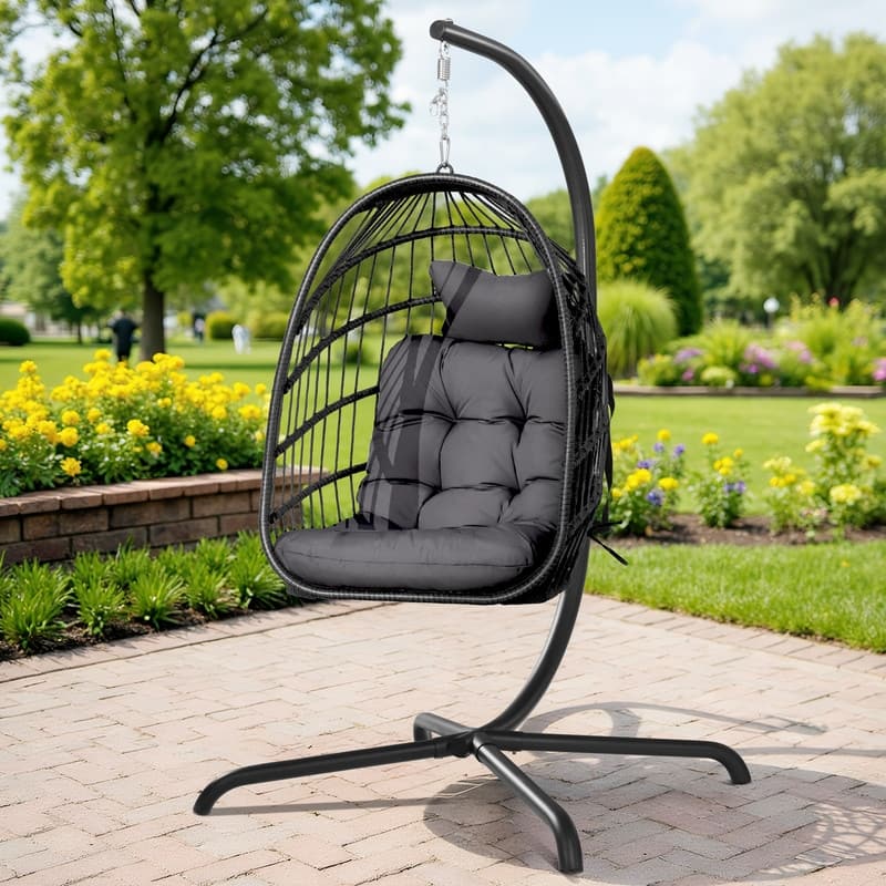 Oversized Wicker Hanging Egg Chair with Stand, Outdoor Indoor Swing Chair with Cushion, 350 lb Capacity