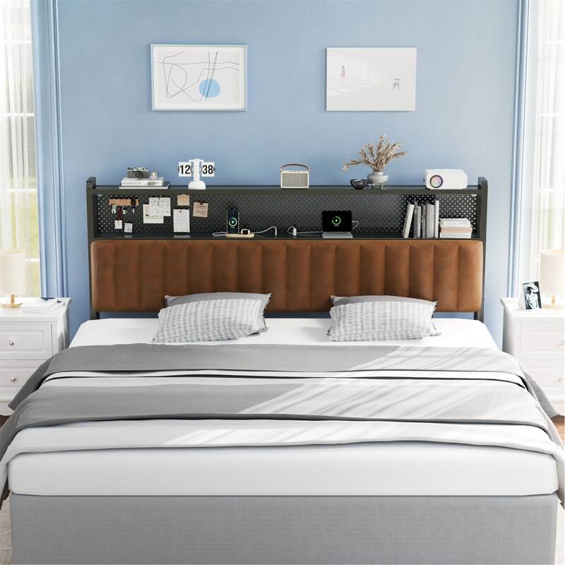 Adjustable Upholstered Headboard with 2 Tier Shelves with Charging Stations and LED Lights, Modern Bed Headboard with Storage