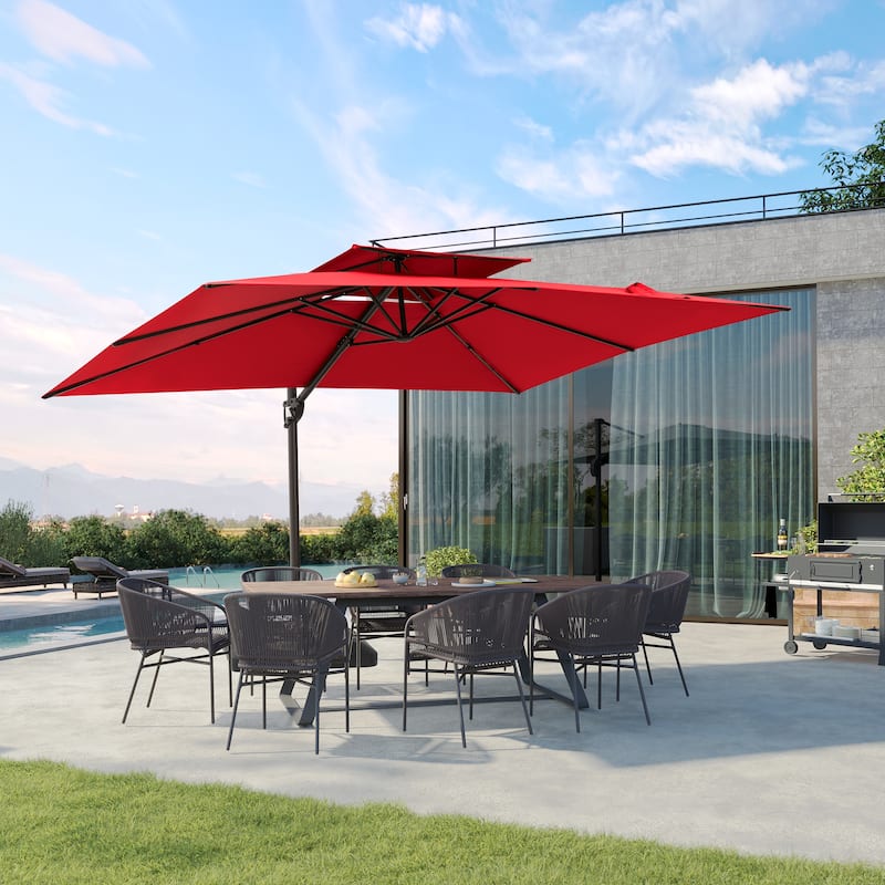 9 FT x 12 FT Outdoor Patio Dual Top Umbrella Cantilever Offset with No Base - Red