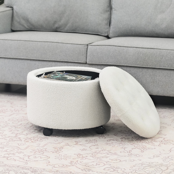 Adeco 20 Wide Button Tufted Round Storage Ottoman with Casters On Sale Bed Bath Beyond 38000057