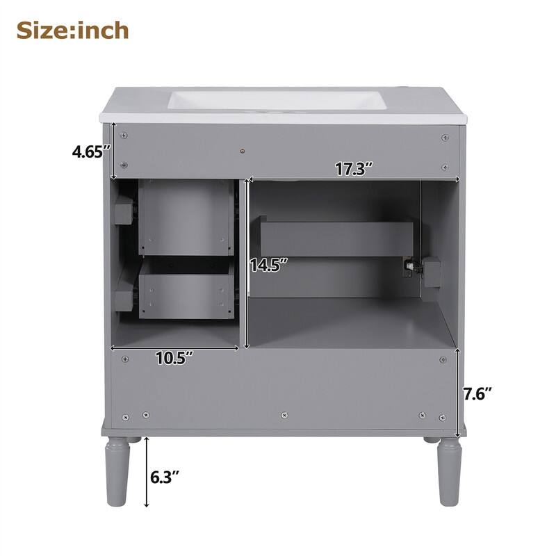 Traditional 30" Bathroom Vanity with Ceramic Sink, Freestanding Bathroom Vanity Cabinet with 3 Drawers and 1 Soft Close Door