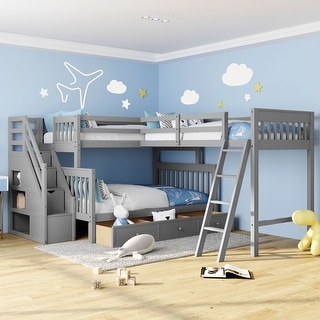 Gray Twin over Full Size Solid Wood L-Shaped Bunk Bed With 3 Drawers, Ladder and Staircase
