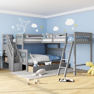 Gray Twin over Full Solid Wood L-Shaped Bunk Bed with Drawers