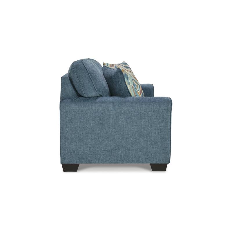 Caten 63 Inch Loveseat, Transitional Polyester, 2 Pillows, Muted Blue