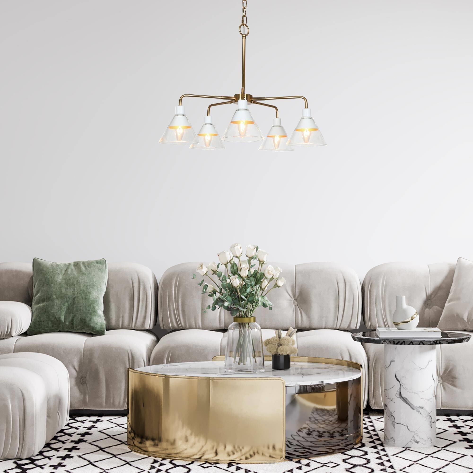 Seticy Modern White Chandeliers with Accent Shaded Cone Glass for Dining  Room - White with Gold - D 23.6